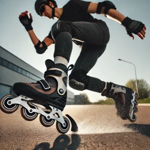 Ready to Roll? Your Ultimate Guide to Starting Inline Skating (and Loving It!) 3 DALL%C2%B7E 2025 01 07 12.42.18 A person demonstrating the heel brake technique on inline skates. The skater is in motion with one leg extended forward toes lifted and the heel bra 1