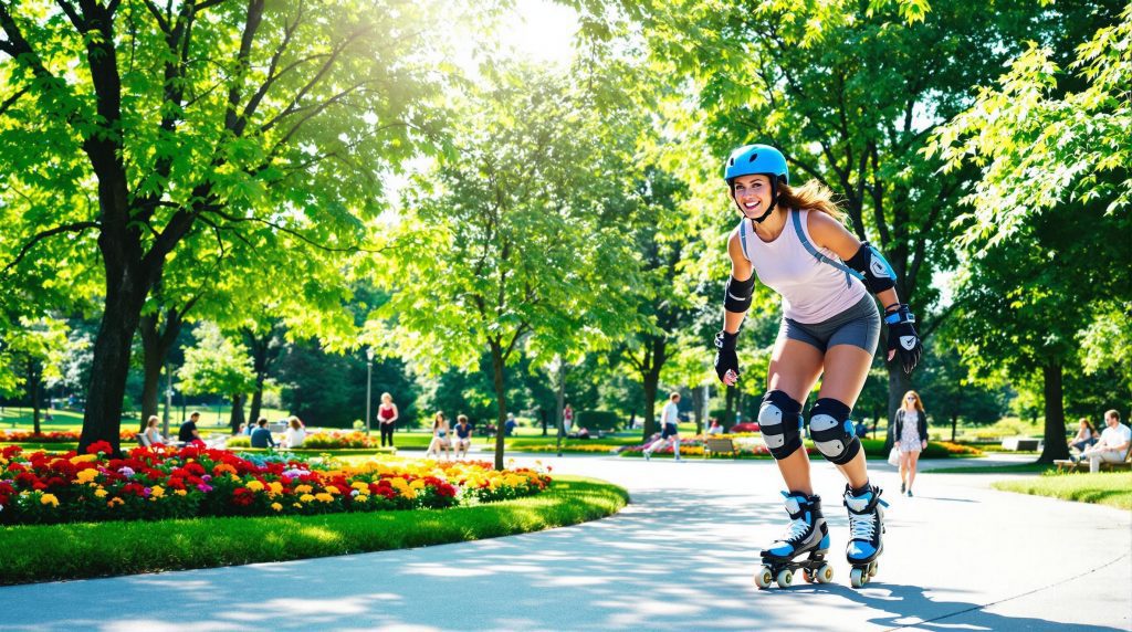Roller Skates vs Roller Blades-Pros and Cons 2 young lady rollerblading in the park