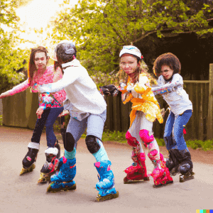 6 Great Tips Why Roller Skating For Kids Has So Many Benefits. 4 A group of kids playing tag on roller skates in a park