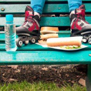 roller skater taking a break (FILEminimizer) roller skater taking a break and having a bottle of water and a sandwich